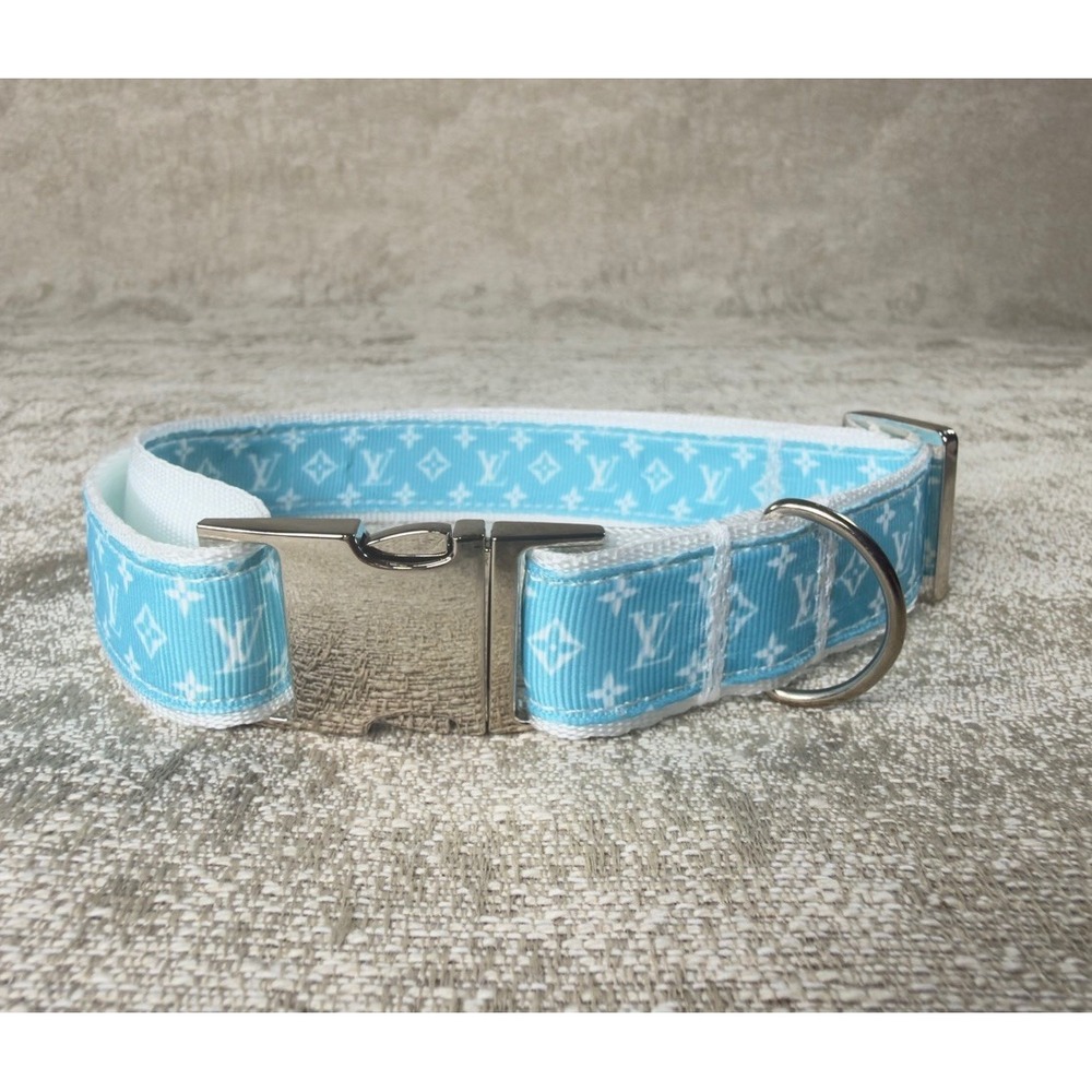 Luxury Dog Collar, Size L, 1" Wide Blue & White, Metal Hardware, 14''x 23''